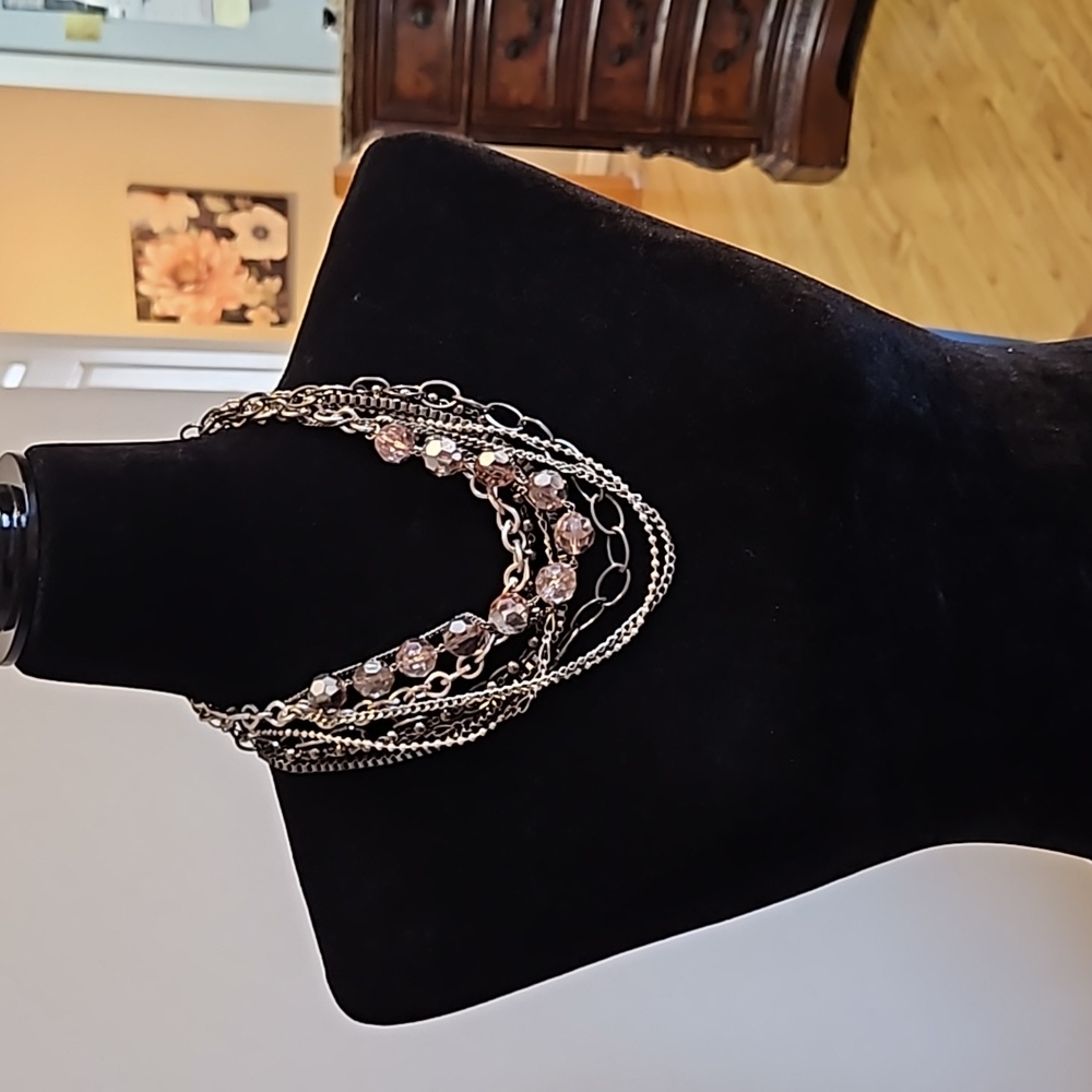 #0164 Simply Vera Wang Signed Multi Chain  Layered Silver Tone Crystal Bead Stat